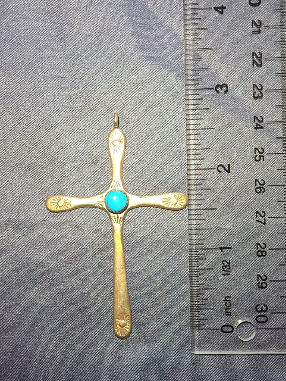 Sterling Silver Cross Pendant with Bright Turquoise Cabochon - Picture 4 of 6
